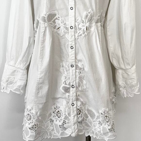 Free People Constance Mini Dress Embroidery Button-Up Long Sleeve Cotton White M - Picture 6 of 14